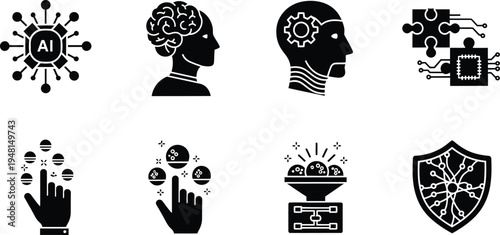 Artificial Intelligence and Machine Learning Glyph Icon Set: Neural Networks, Robotics, Cognitive Computing, Data Encryption, and Smart Human-Machine Interface Vectors for Tech UI Design