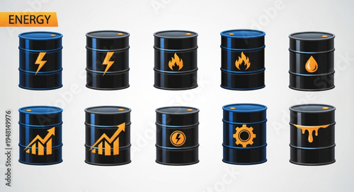 Energy Industry - Black Oil Barrels with Symbol Graphics.