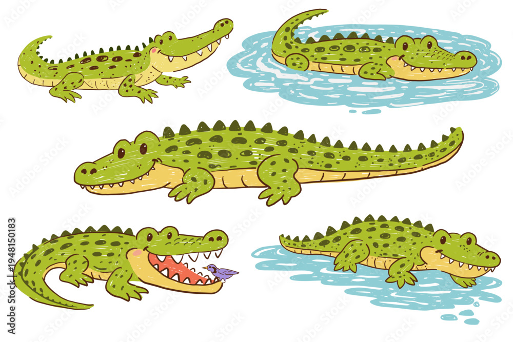 Obraz premium Crocodile cartoon set with funny baby alligators in childlike hand drawn style
