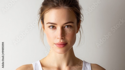 Close-up portrait of a beautiful young woman with natural makeup and hair pulled back