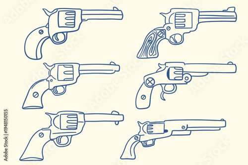 Western revolver outline set with vintage cowboy handguns in line style