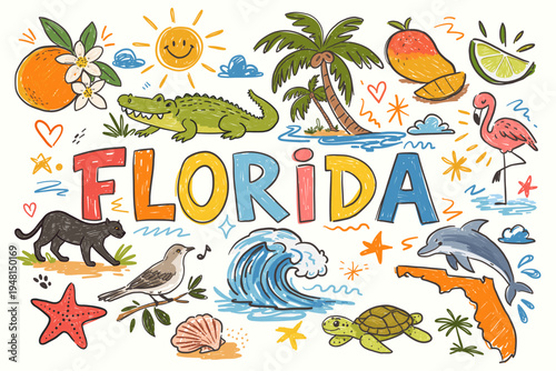 Slika na platnu Florida symbols doodle set with alligator, flamingo, orange blossom and palm