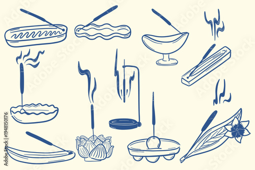 Incense sticks and holders outline set for meditation and aromatherapy in zen line style