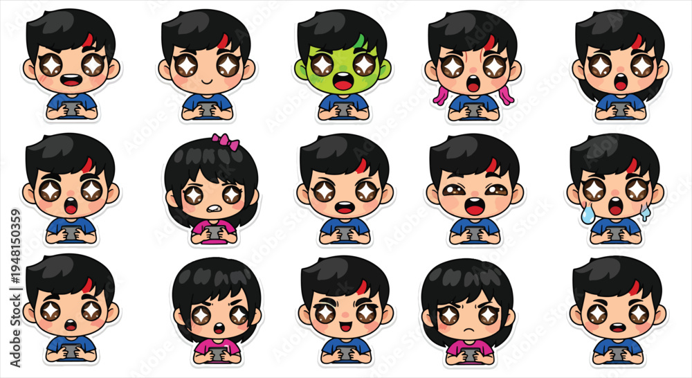 Obraz premium Cute Boy Character Emote Sticker Set, Cartoon Chibi Boy Emoji Pack, Funny Reaction Face Icons Vector
