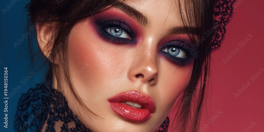 Fototapeta premium Dramatic smoky eye makeup with bold red lips and lace detail