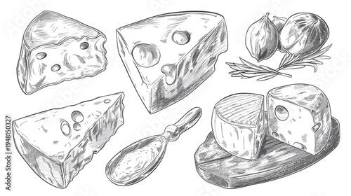 Monochrome illustration of various cheeses, herbs, and serving scoop. Realistic, detailed style