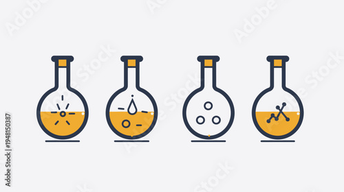 Four stylized lab flasks filled with amber liquid, each with unique internal symbols