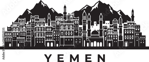 Stunning Yemen cityscape with mountains vector illustration