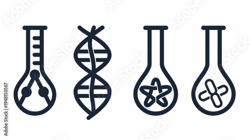 Four stylized beakers with various geometric and molecular structures within, on white background
