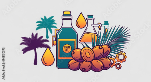 Date Palm Oil Production - A Natural and Sustainable Industry Illustration.