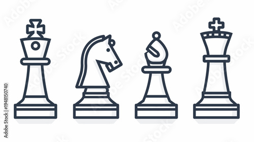 Four stylized chess pieces, the king, knight, bishop, and another king, in a simple design