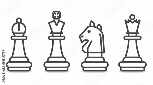 Four stylized chess pieces, outlined in a modern linear design, with shadows on a white background