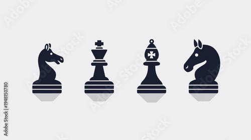 A minimalist illustration of four chess pieces knight, king, bishop, and knight, with shadows
