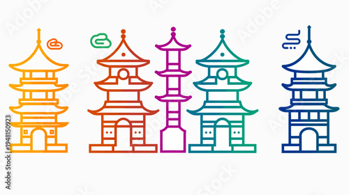 Four stylized pagoda illustrations in gradient colors, with cloud motifs on white background