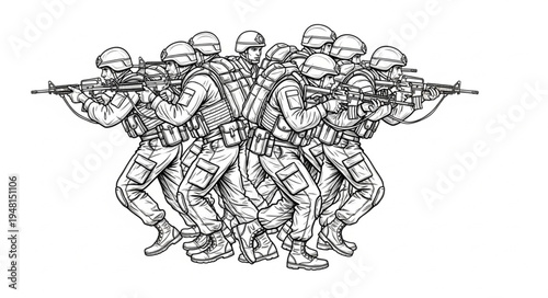 Detailed Sketch of a Tactical Team Advancing with Rifles.