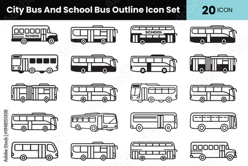 City Bus And School Bus Outline Icon Set Public Transport Vehicle Collection For Transit