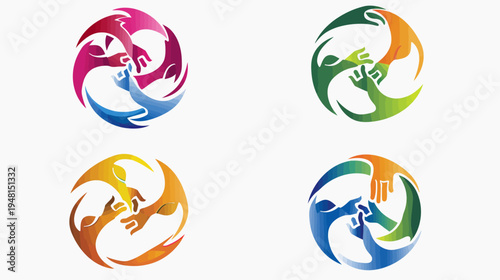 Four circular designs, each featuring stylized hands intertwined within a colorful loop