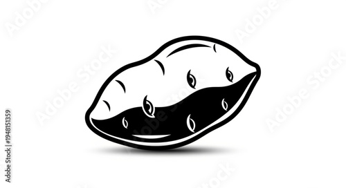 Monochrome illustration of a sweet potato with detailed shading.
