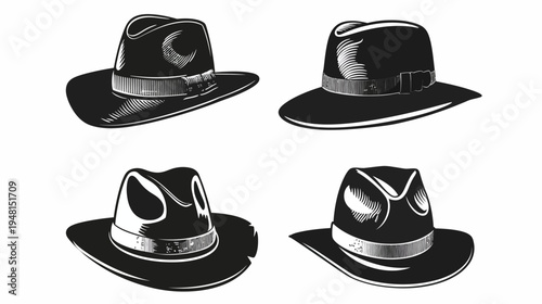 A collection of four black and white fedora hats displayed in different angled views