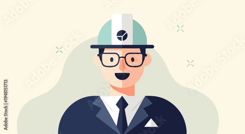 Cheerful flat illustration of a person in a hard hat and suit
