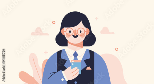 Cheerful flat illustration of a person in business attire holding a phone