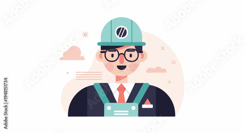 Cheerful flat illustration of a person in construction attire with glasses