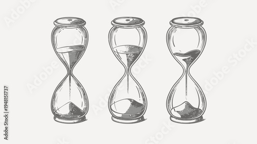 A grayscale illustration of three hourglasses, with sand at different stages.