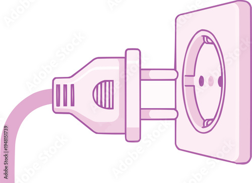 The picture shows a light purple plug inserted into a wall socket. This type of plug usually has two round prongs for live and neutral connections, and a third prong for grounding,