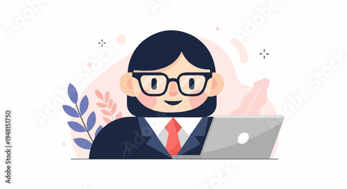 Cheerful individual in business attire working on a laptop