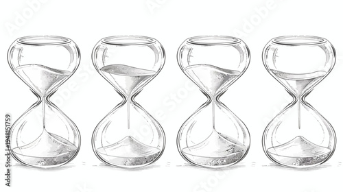 Four hourglasses showing different stages of sand flowing, each in a monochrome sketched style