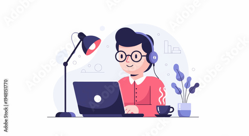 Cheerful individual with headphones works on laptop at desk with lamp and coffee