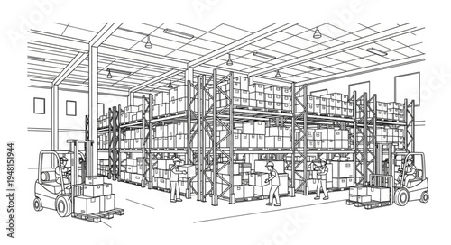 Warehouse Interior Sketch - Shelving, Workers, and Forklifts in Action.