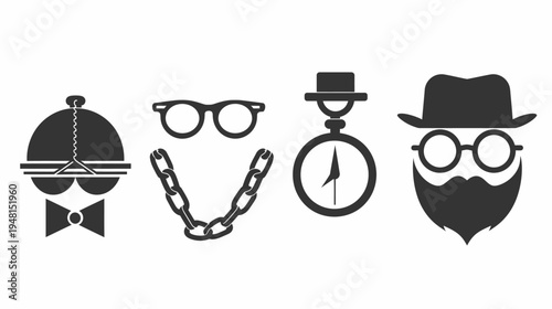 Collection of stylized, silhouette graphics depicting gentlemanly accessories and elements