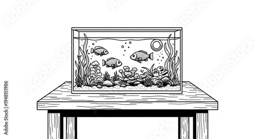 Detailed Illustration of a Fish Tank on a Table.