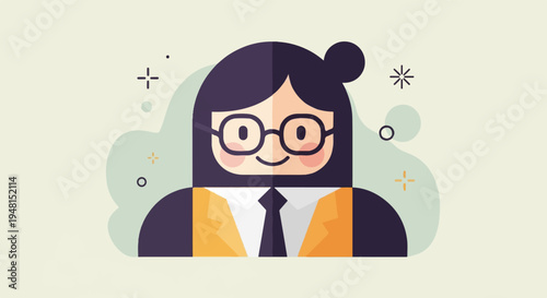 Cheerful cartoon woman with glasses and formal attire