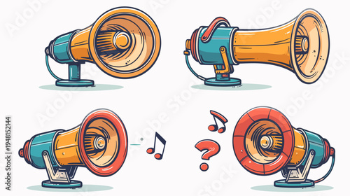 Cartoon-style illustrations of four different megaphones, with musical notes and question mark