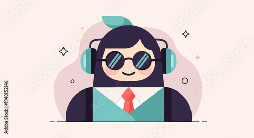 Cheerful character with headphones and sunglasses, wearing a suit