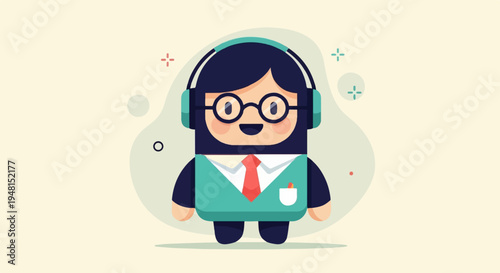 Cheerful character with headphones and tie, ready for service