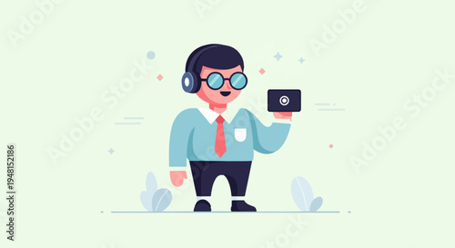 Cheerful cartoon person with headphones, glasses, and a gadget