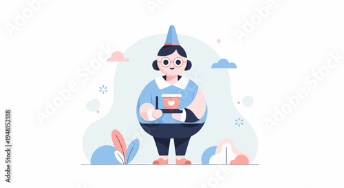 Cheerful character in a blue outfit and pointed hat holding a drink with a heart