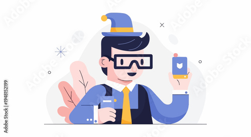 Cheerful character in a blue suit and hat holds a phone