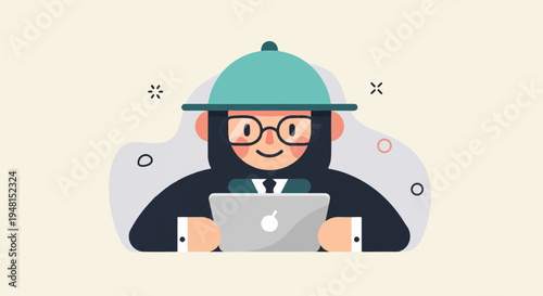 Cheerful cartoon figure in a hat and glasses using a laptop