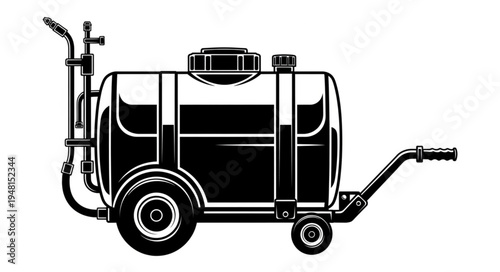 Vintage Two-Wheeled Sprayer - A Detailed Black and White Illustration.