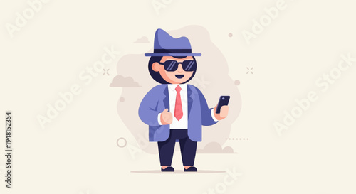 Cheerful character in fedora, suit, and sunglasses, holding a smartphone
