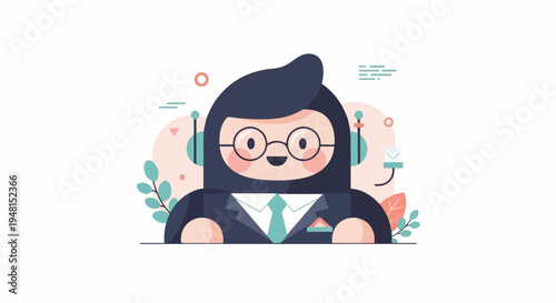 Cheerful cartoon figure in business suit and glasses, with abstract shapes