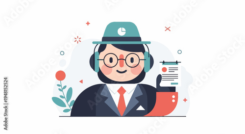 Cheerful person in a hat, glasses, headphones, and suit holds a list