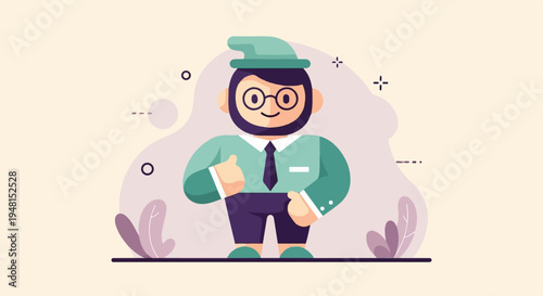 Cheerful cartoon man in a suit and hat gives a thumbs up