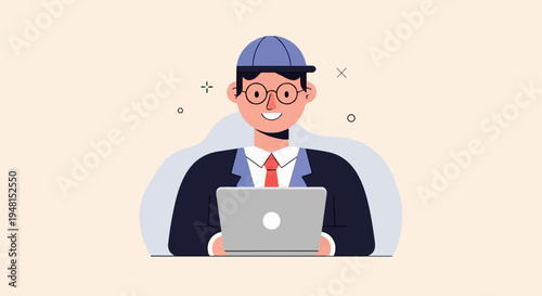 Cheerful person in a suit and cap using a laptop with a light background