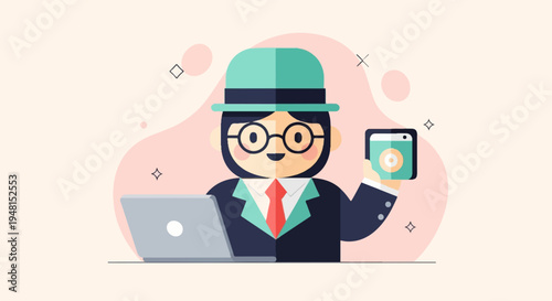 Cheerful person in a hat with glasses uses a laptop and phone