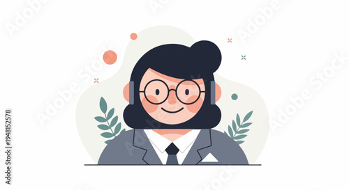 Cheerful character in business attire with headphones, surrounded by abstract shapes and foliage